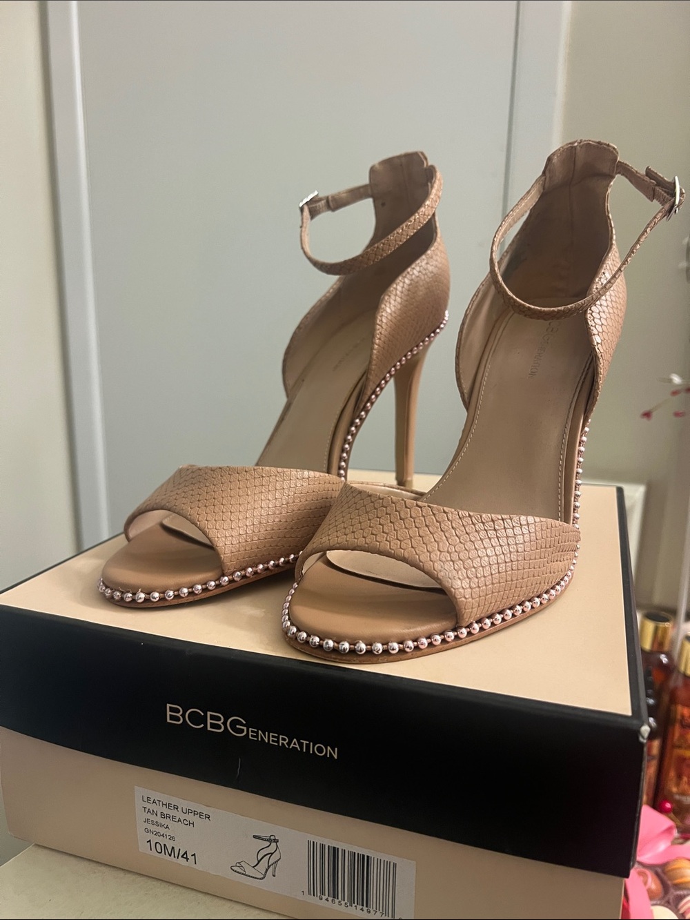 BCBGeneration Tan Textured Pearl-Trim Ankle-Strap Heels